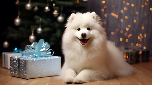 Cute Samoyed dog with gift box and Christmas tree on background