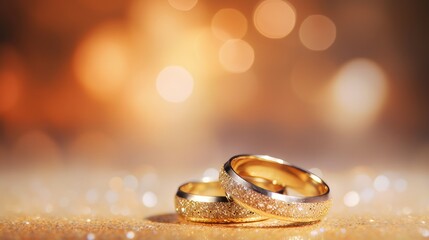Obraz na płótnie Canvas Wedding rings on blured bokeh glowing golden background. Symbol of love and romance on a textured glitter background with copy space for your greeting or congratulations