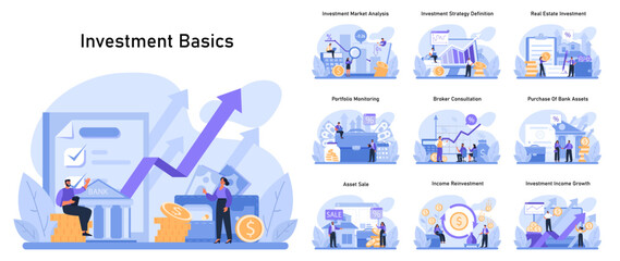 Investment basics set. Financial growth strategies, market analysis, and asset management. Essential concepts for portfolio building and income investment. Flat vector illustration. - obrazy, fototapety, plakaty