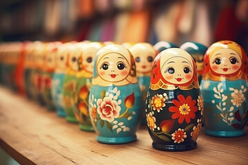 Fototapeta na wymiar Brightly painted population of wooden Matryoshka or Babuska stacking dolls. Varying sizes. Females faces with red lipstick and rosy cheeks. Girls in traditional floral dresses and scarfs?