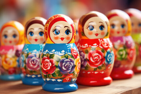 Brightly painted population of wooden Matryoshka or Babuska stacking dolls. Varying sizes. Females faces with red lipstick and rosy cheeks. Girls in traditional floral dresses and scarfs?