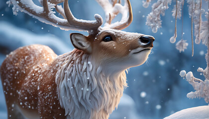 Snowy midwinter, a deer with snow on its antlers, Generative Ai