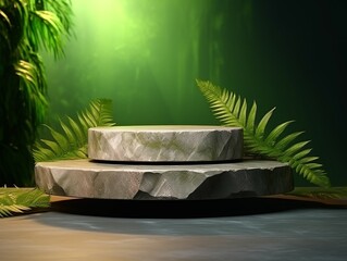 Green nature-inspired product platform with abstract rock podium and fresh green leaf shadow. Illustration Generative AI
