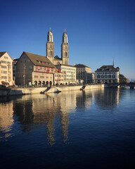 Grossmünster church on the river Limmat in Zürich, Switzerland, March 2019