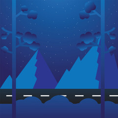 Vector Night mountains landscape with hills, road, trees and star sky.