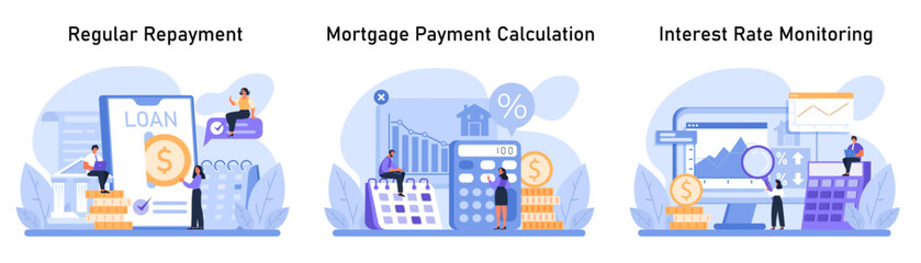 Mortgage management set. Clients engage in loan repayments, accurate mortgage calculations, and interest rate oversight. Regular payments, financial accuracy, and market watchfulness. Flat vector. - obrazy, fototapety, plakaty