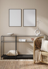 Frame mockup in interior background, beige room with modern furniture, 3d render - obrazy, fototapety, plakaty