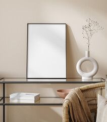 Frame mockup in interior background, beige room with modern furniture, 3d render