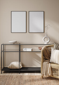 Frame mockup in interior background, beige room with modern furniture, 3d render
