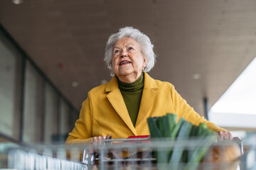 Portrait of senior woman shopping at the shopping center, pushing shopping cart. Low angle shot....