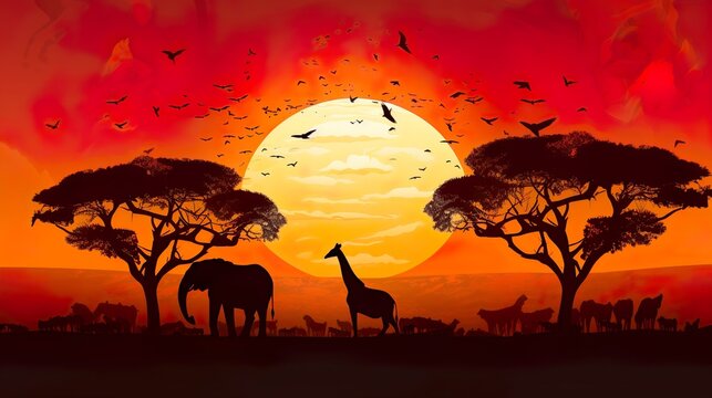 Beautiful African landscape at sunset with giraffes, trees and bushes. African landscape Sunset in Africa. Savannah silhouettes.