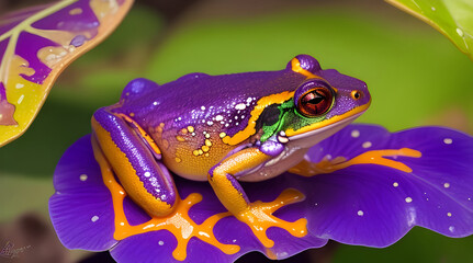 Naklejka premium Iridescent Elegance, A Purple and Orange Tree Frog Emerges, Painting Nature's Canvas with Vibrant Hues