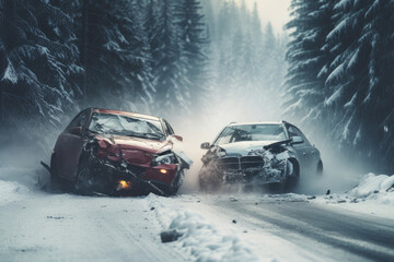 Accident with car on a snowy road, showcasing challenges of winter travel.