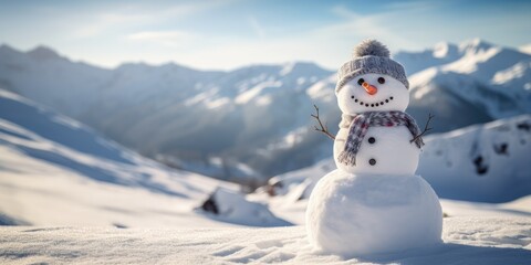 Winter wonder: A joyful snowman against a snowy landscape, celebrating the magic of the holiday season. - obrazy, fototapety, plakaty