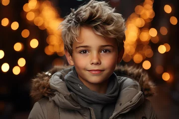 Rolgordijnen Modern teenage boy with a fashionable hairstyle on a background of night festive bokeh. © syhin_stas
