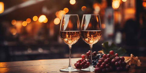 Two glasses of wine, grapes against the background of a night street golden bokeh.Empty wooden table. Ready for product montage. - Powered by Adobe