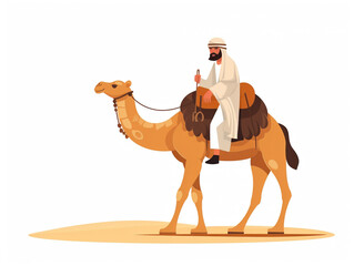 2D flat illustration of an Arab riding a camel in the desert. Isolated in a white background.