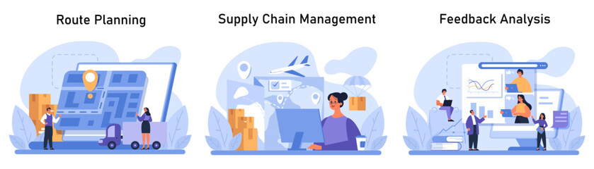 Supply Chain Efficiency set. Strategic logistics from route planning, through real-time tracking in supply chain management, to precise feedback analysis. Flat vector illustration - obrazy, fototapety, plakaty