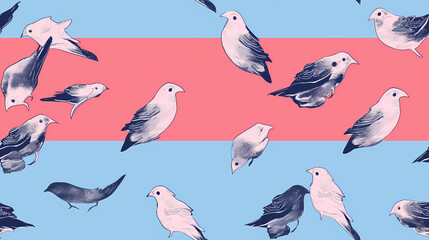 Obraz premium Minimalistischer Risograph-Druck mit Vögeln, mehrfarbig nahtloses Muster, nahtloser Hintergrund