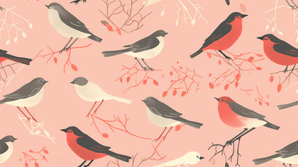 Minimalistischer Risograph-Druck mit V&ouml;geln, mehrfarbig nahtloses Muster, nahtloser Hintergrund