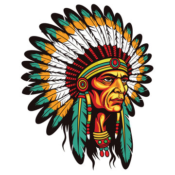 Head of an old wise Indian chief wearing a feather headdress. Vector illustration