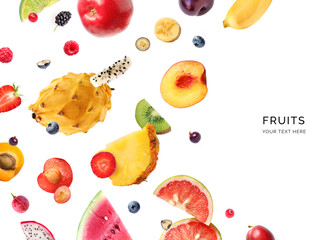 Creative layout made of blueberry, apricot, dragonfruit, kiwi, watermelon, pineapple, strawberry, grapes, lime and apple, banana on the white background. Flat lay. Food concept. Macro concept. 