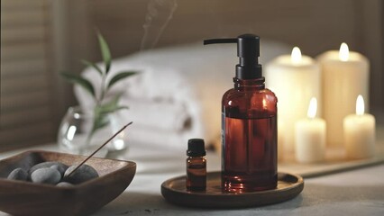 Beauty spa treatment items on white wooden table. Candles, stones, essential oils, aroma stick and towel. Cozy bath.