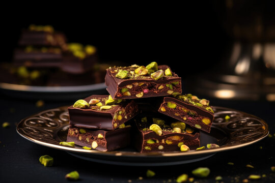 Fine dark Belgian chocolate with pistachio on a dark background.