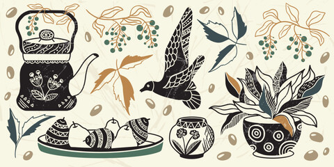 A set of vintage elements. Folk composition, including pots, coffee, tea, beans, bird, abstract flowers and leaves. Organic abstraction of folk-inspired motifs. Rustic style of vector illustration. 