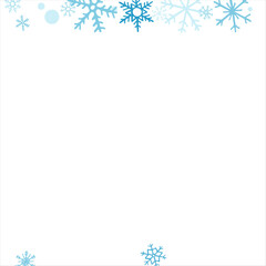 winter snow with blue snowflakes on a white background. Festive Christmas banner, New Year card. Symbols of frosty winter. Vector illustration.