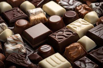 Fototapeta premium Different types of chocolate, white, dark, milk chocolate and pralines close up