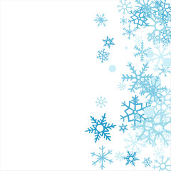 winter snow with blue snowflakes on a white background. Festive Christmas banner, New Year card. Symbols of frosty winter. Vector illustration.