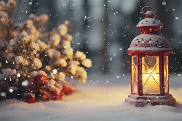christmas lantern with snow cold winters night