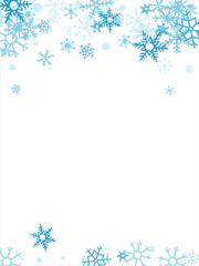 winter snow with blue snowflakes on a white background. Festive Christmas banner, New Year card. Symbols of frosty winter. Vector illustration.