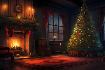 christmas tree next to the fireplace