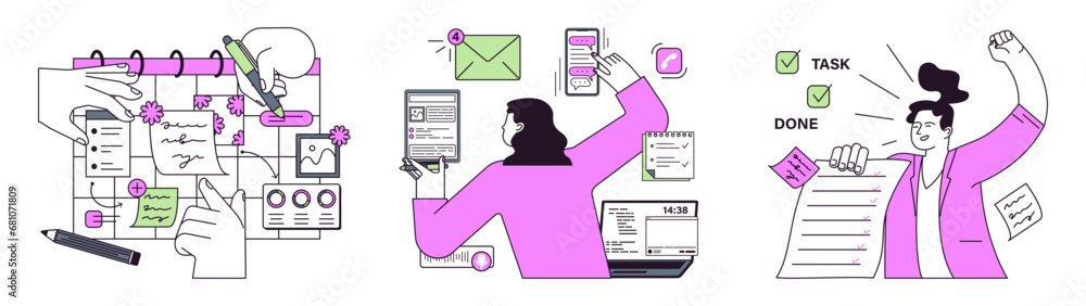 Poster employee efficiency set. business character or employee productive multitasking. time management and