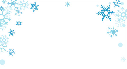 winter snow with blue snowflakes on a white background. Festive Christmas banner, New Year card. Symbols of frosty winter. Vector illustration.