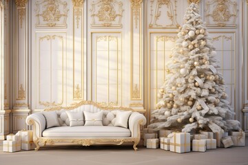 Luxury living room interior with sofa decorated chic Christmas tree, gifts, plaid and pillows. AI generated illustration
