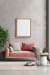 Mockup of empty wall frame on gray wall in living room interior with modern furniture, AI Generated