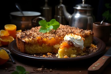 Piece of apricot cake with whipped cream, selective focus