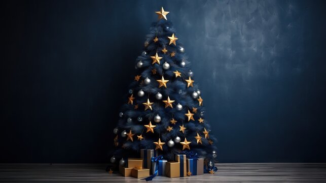 Christmas tree with blue gifts isolated on blue background. AI generated illustration