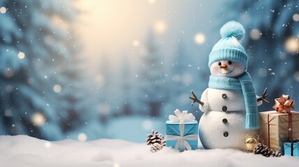 Naklejka na ściany i meble New year greeting card with copy-space.Happy snowman standing in christmas landscape.Snow background. AI generated illustration