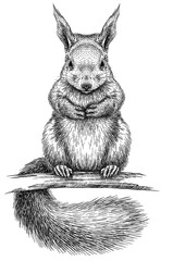 Vintage engraving isolated squirrel set illustration ink sketch. Forest background animal silhouette art. Black and white hand drawn image © Turaev