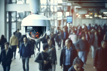 Surveillance camera. A crime prevention system for gathering information and deterring and preventing crime. Concept for surveillance society and security. - obrazy, fototapety, plakaty