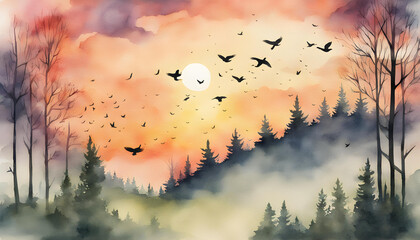 Watercolor illustration of a forest landscape at sunset with flying birds in the sky