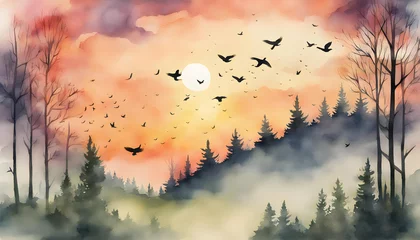 Schilderijen op glas Watercolor illustration of a forest landscape at sunset with flying birds in the sky © iqra