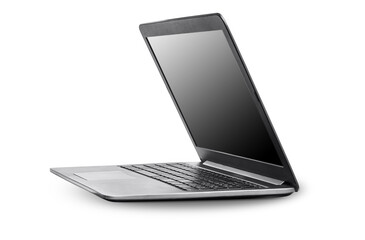 gray laptop is highlighted on a white background. side view