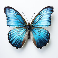 Blue Butterfly in flight, showcasing its brilliant wings against a white background. A captivating moment in the realm of nature's art. ai generative