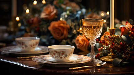 glasses of champagne on table, Elegant table setting with beautyful flowers, candles and wine glasses in restaurant. Selective focus., Elegant table setting with beautyful flowers, candles and wine g
