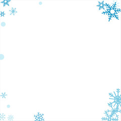Square winter snow frame with blue snowflakes on a white background. Festive Christmas banner, New Year card. Symbols of frosty winter. Vector illustration.
